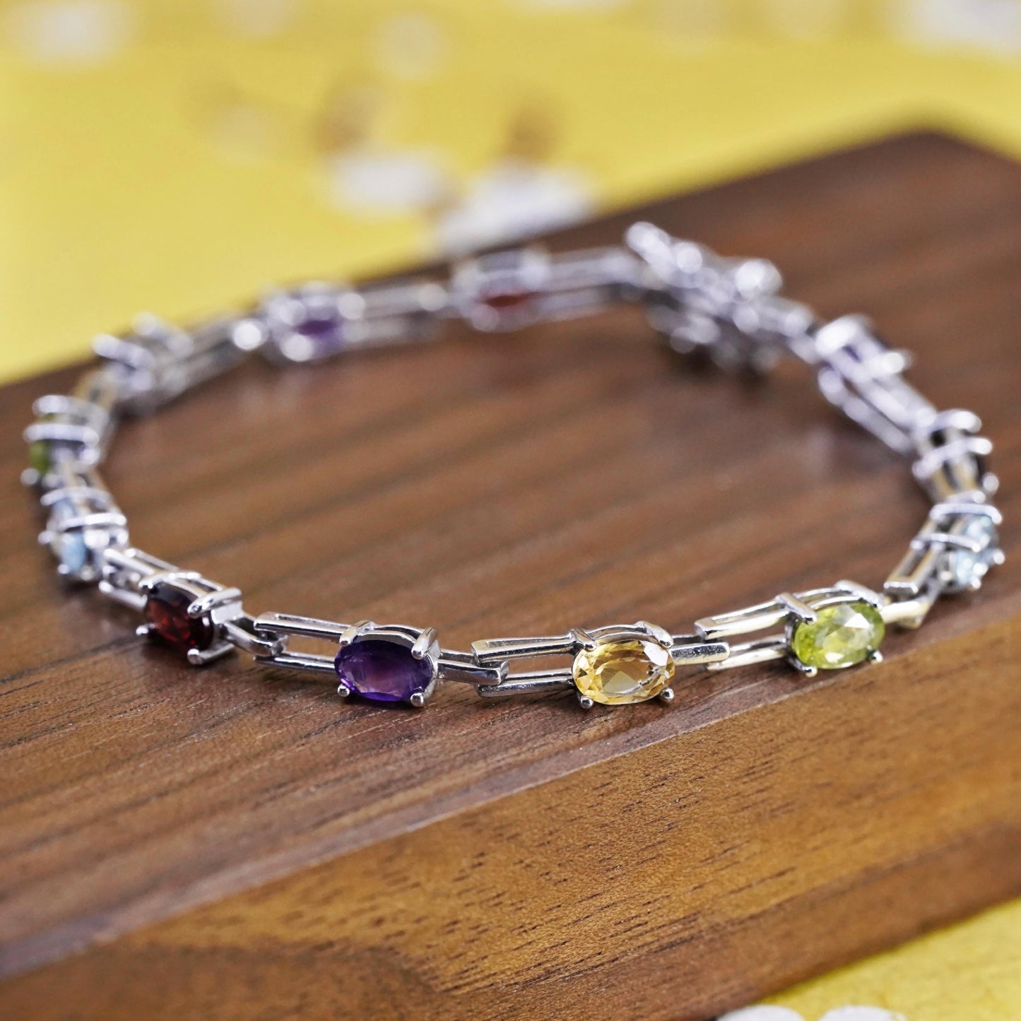 6.75”, Sterling silver tennis bracelet, 925 link amethyst topaz peridot citrine