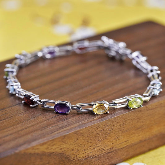 6.75”, Sterling silver tennis bracelet, 925 link amethyst topaz peridot citrine