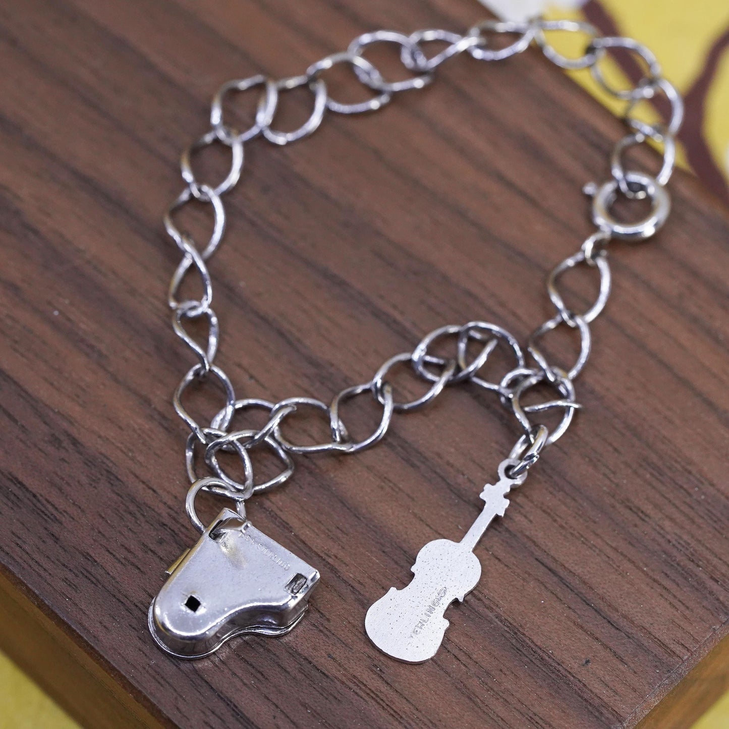6.75", Sterling silver curb bracelet, 925 chain bracelet piano guitar charms