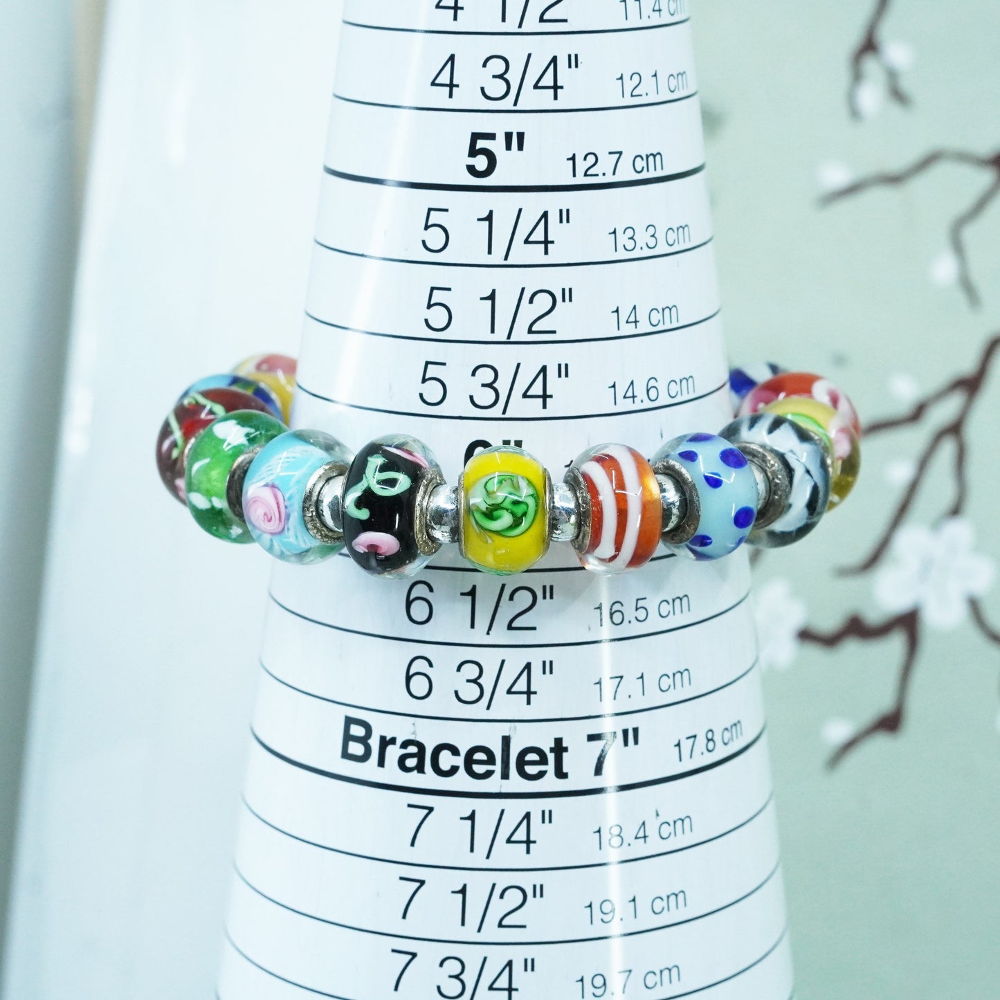 6”, artisan Murano glass colorful beads with sterling 925 silver trims