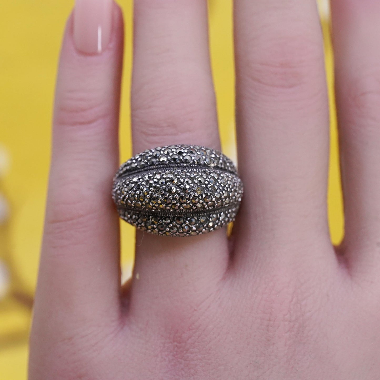 Size 8 VTG Sterling silver ring with cluster marcasites, 925 dome ribbed band