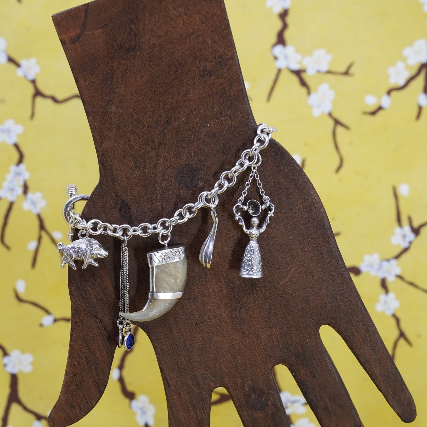 6” Sterling silver handmade bracelet, 925 circle chain with Angel pig 8 charms