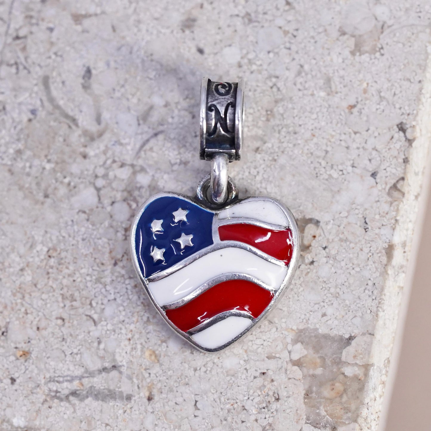 Vintage Sterling 925 silver handmade pendant, enamel American flag charm