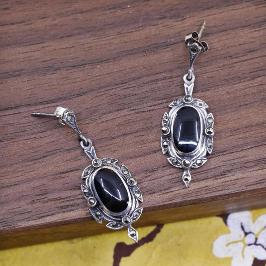 Vintage Sterling 925 silver handmade oval earrings with onyx and marcasite