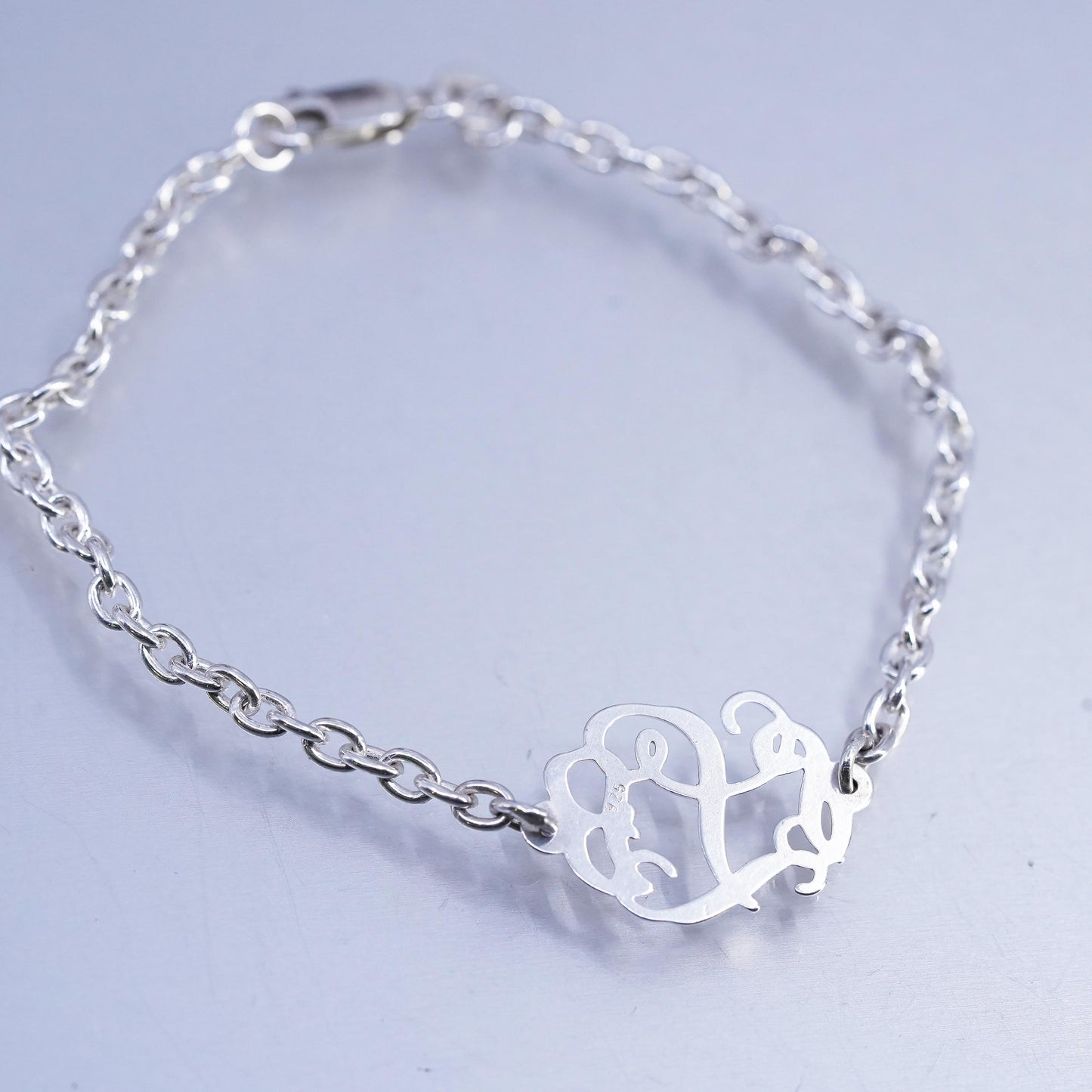 6.5" 3mm, vintage Sterling silver bracelet, 925 circle chain monogram "L" charm