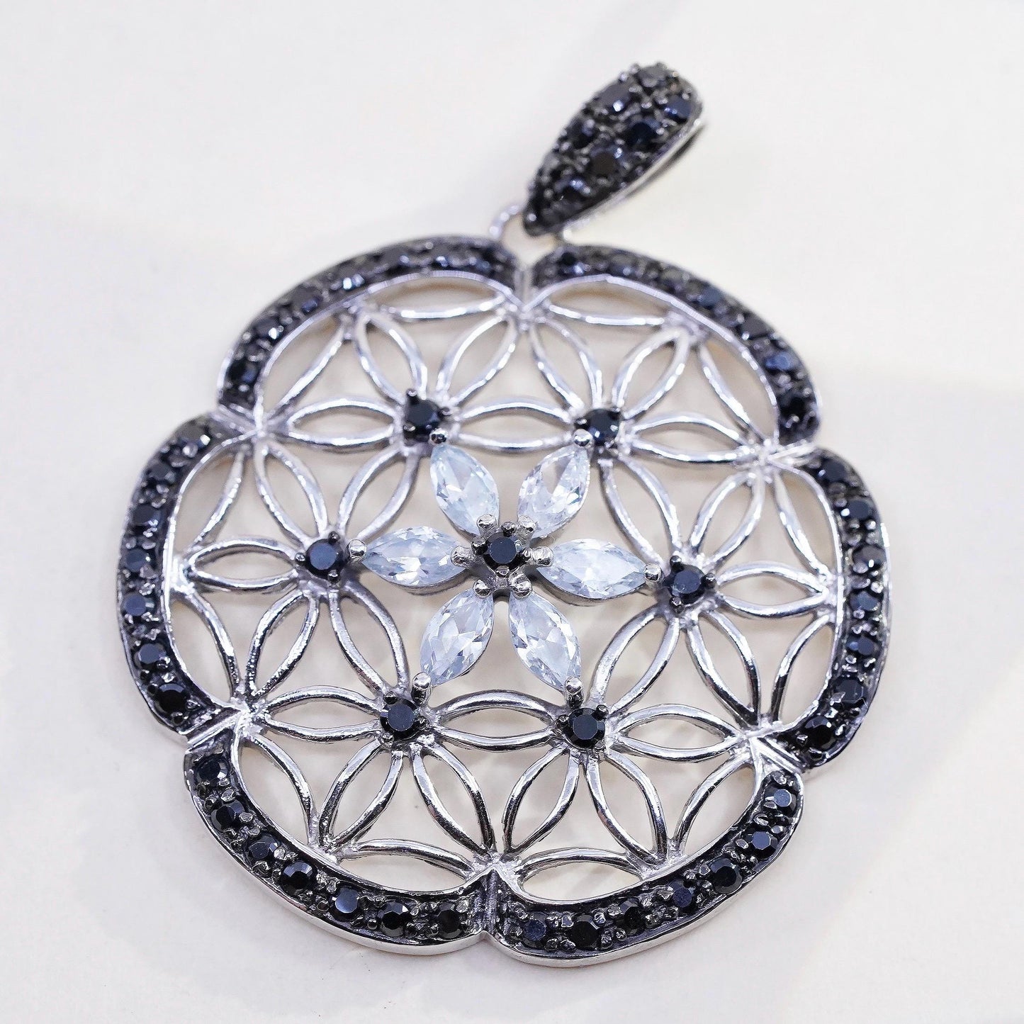 two tone sterling 925 silver filigree round pendant cluster clear CZ and spinel