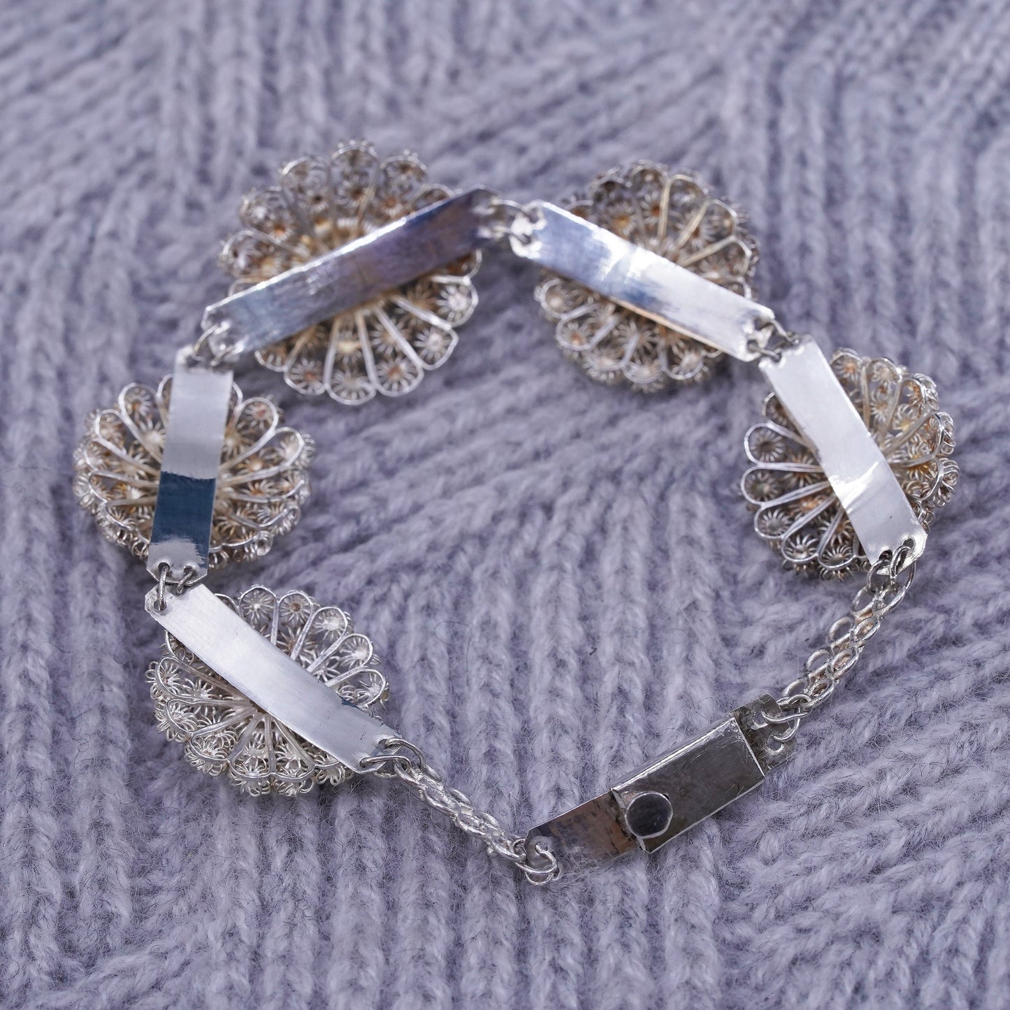 7", vintage sterling silver handmade bracelet, 800 filigree flower bracelet