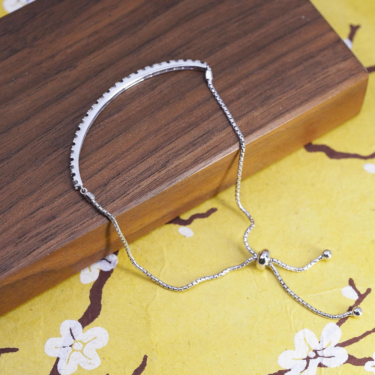 vintage PM Sterling silver bracelet, 925 box chain sapphire white topaz bar