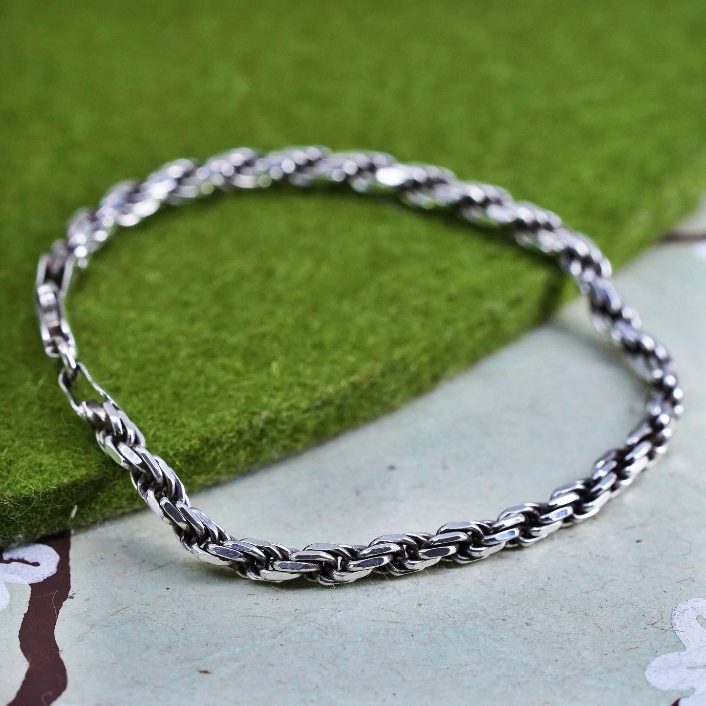 6.5", 4mm, Vintage sterling 925 silver Italy rope chain bracelet
