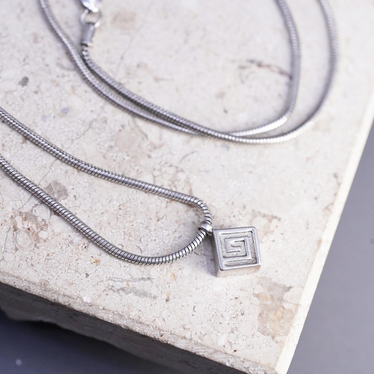 16", VTG Sterling silver necklace, 925 snake chain Greek key patterend pendant