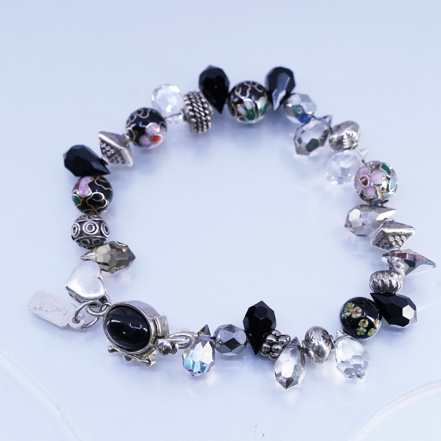 6.5", Vintage Lori B Sterling 925 Silver Bracelet w/ Crystal beads heart charms