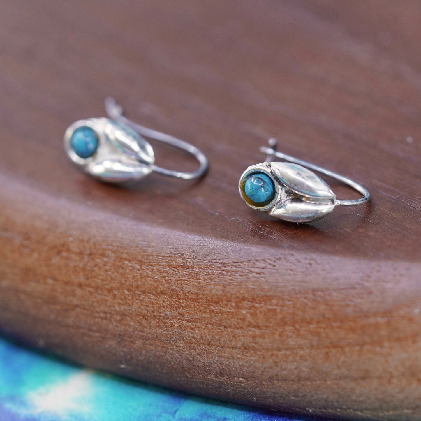 Vintage Sterling silver handmade earrings, l 925 leafy drop with turquoise