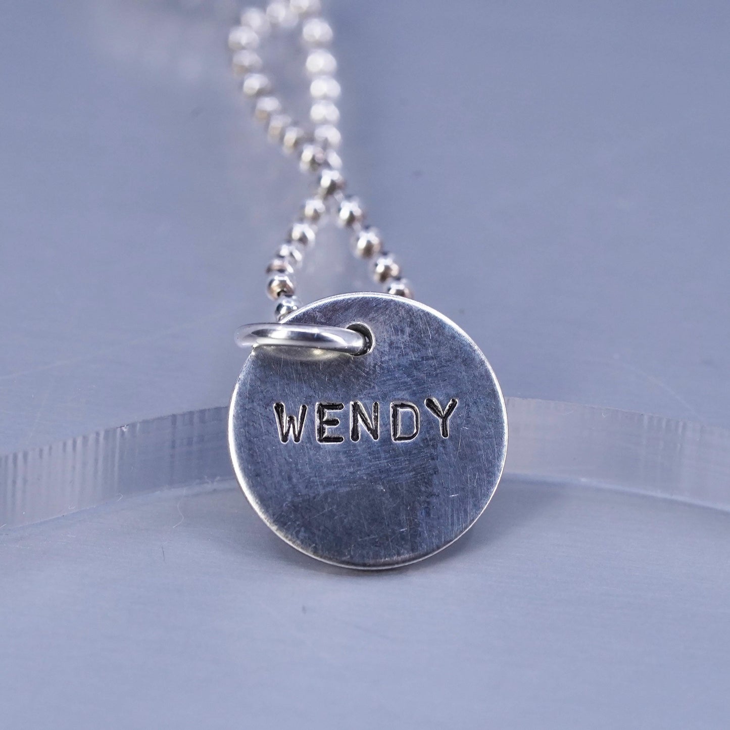 18”, Sterling 925 silver handmade bead chain necklace with name Wendy pendant