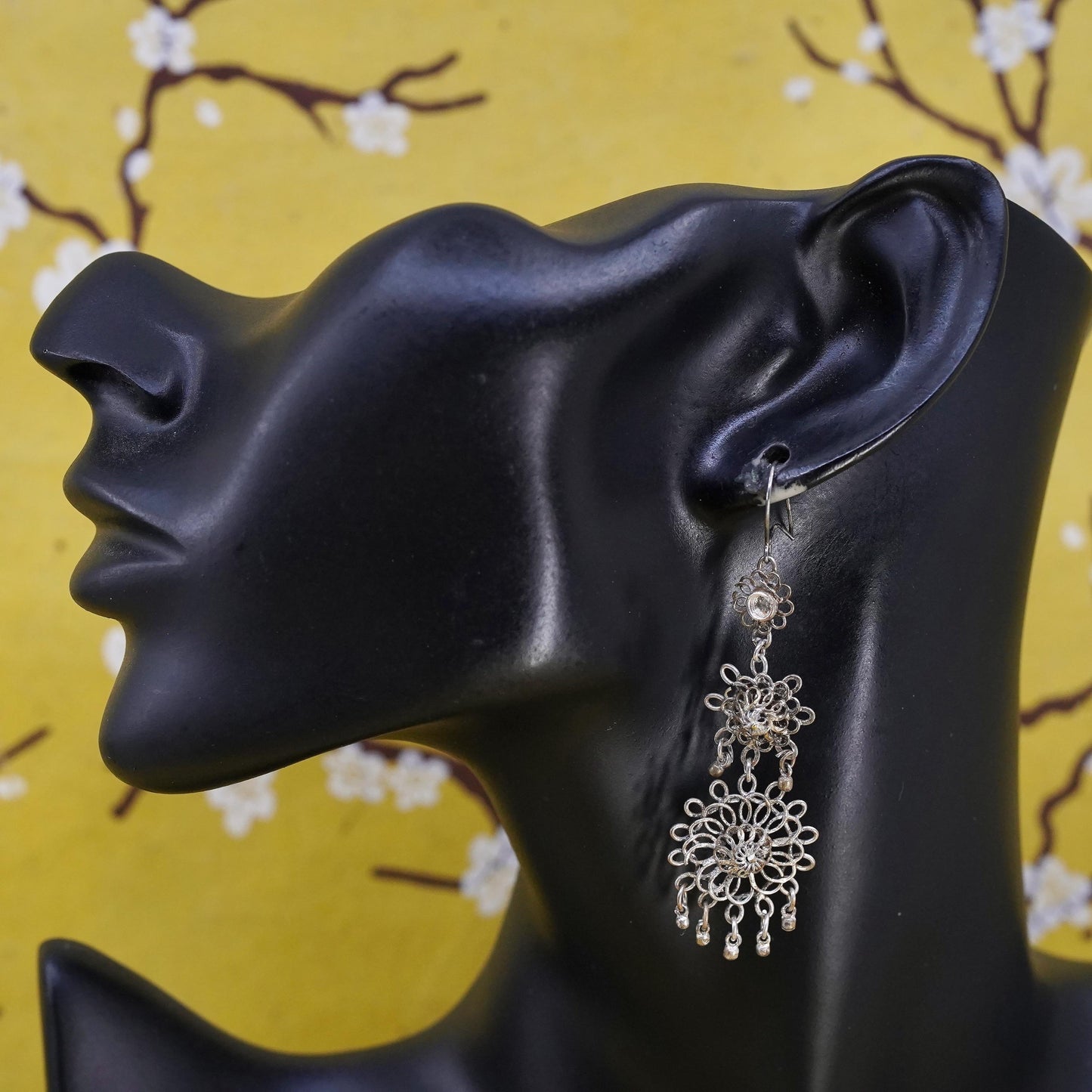Vintage Sterling 925 silver handmade filigree flower long earrings