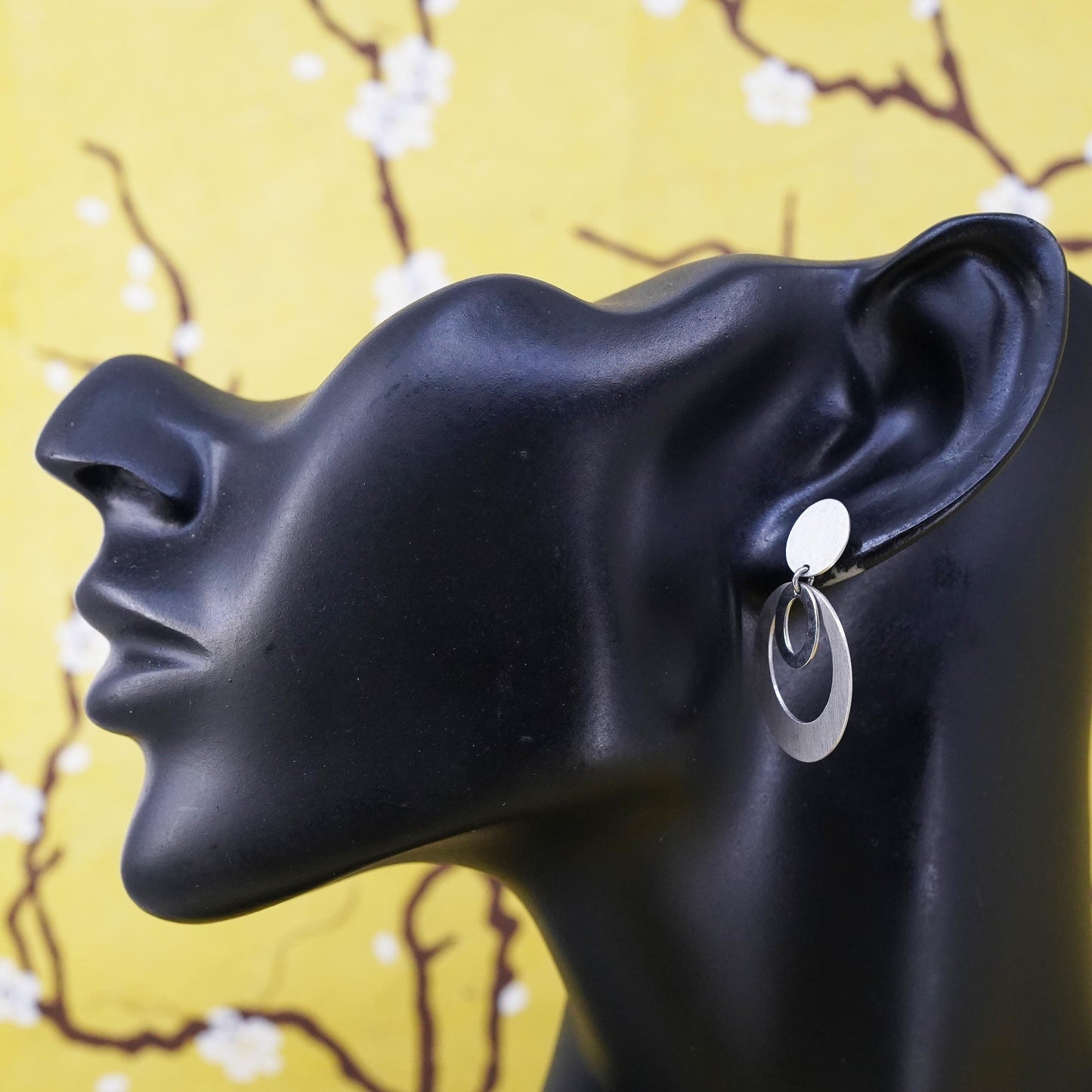 Vintage Sterling silver handmade earrings, matte 925 multi circles dangle