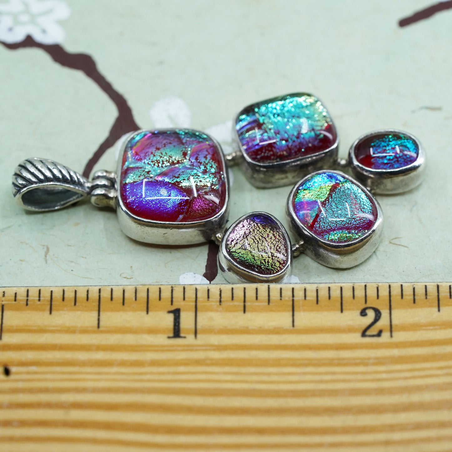 Vintage sterling silver handmade artisan glass pendant, dichroic glass charm