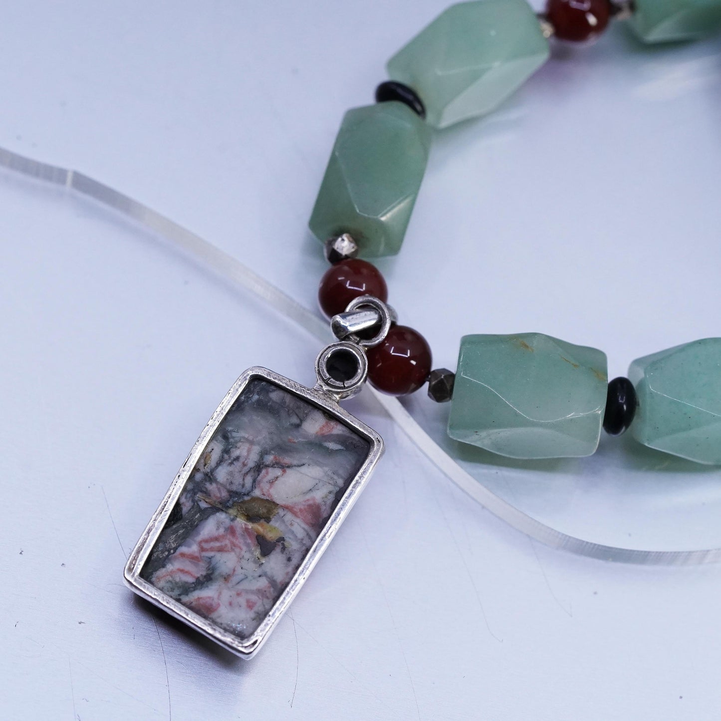 16” VTG Sterling 925 Silver Jade nugget carnelian beads necklace jasper pendant