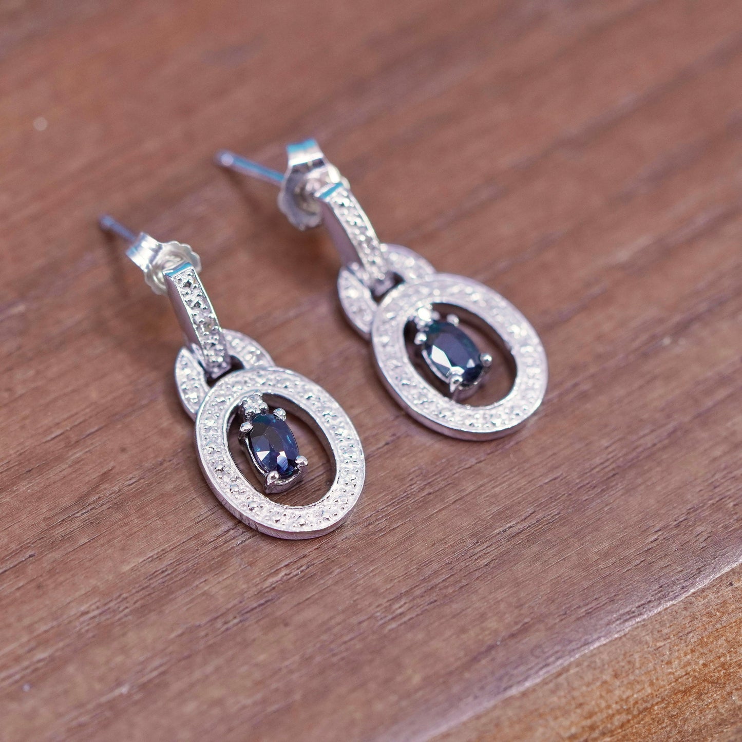 Vintage Sterling silver earrings, 925 oval drops with sapphire and diamond