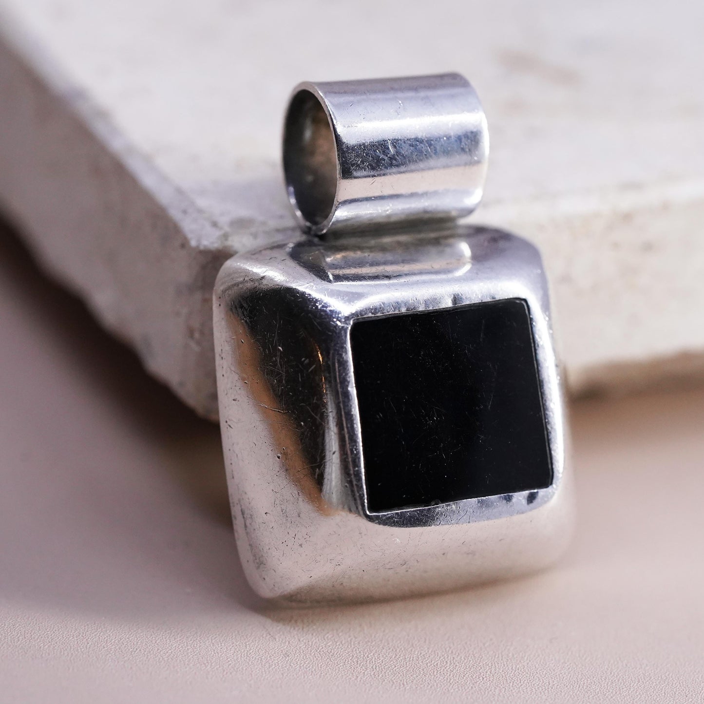 Vintage Sterling 925 silver handmade square pendant with onyx