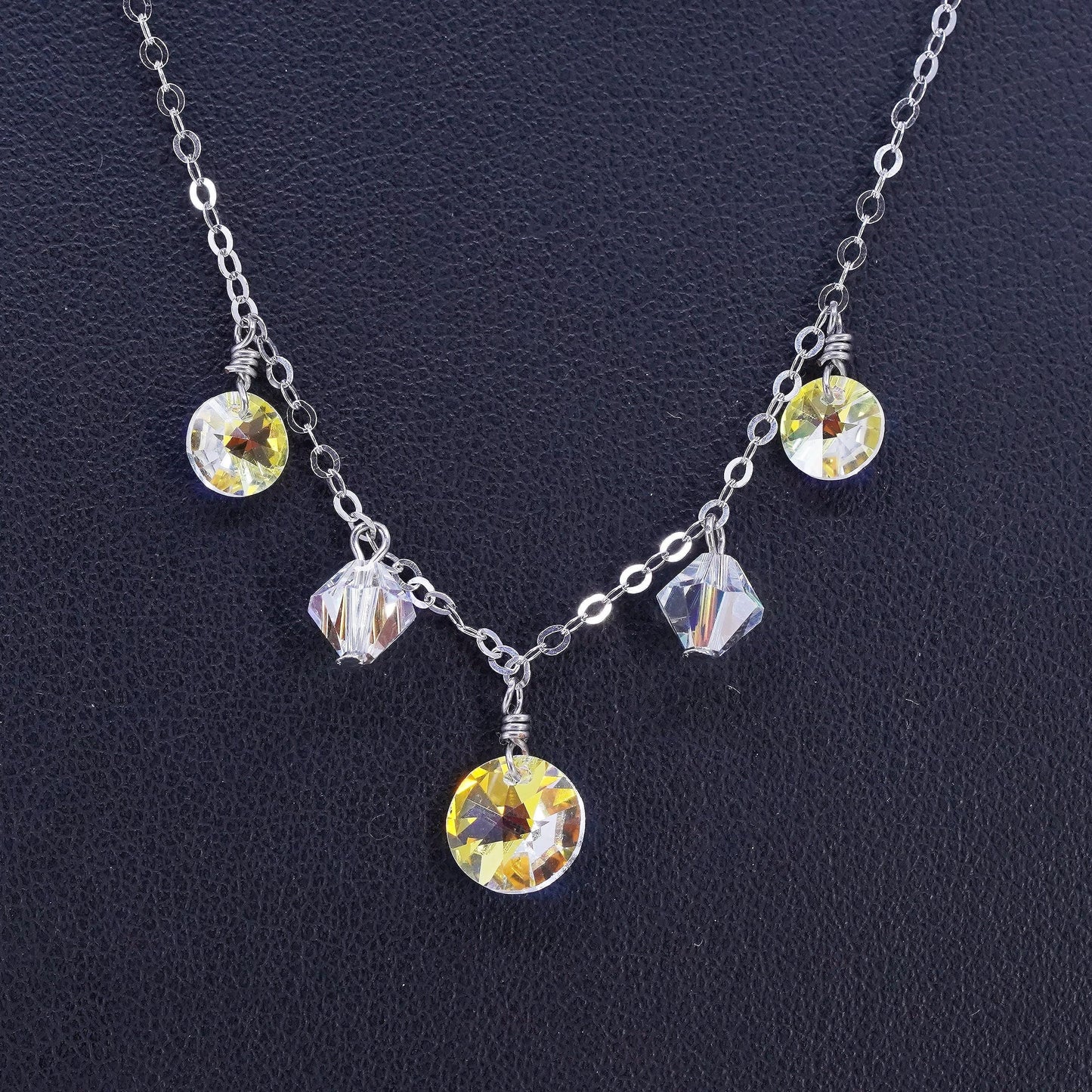 18", Vintage Sterling necklace, 925 Silver circle chain AB Crystal charms