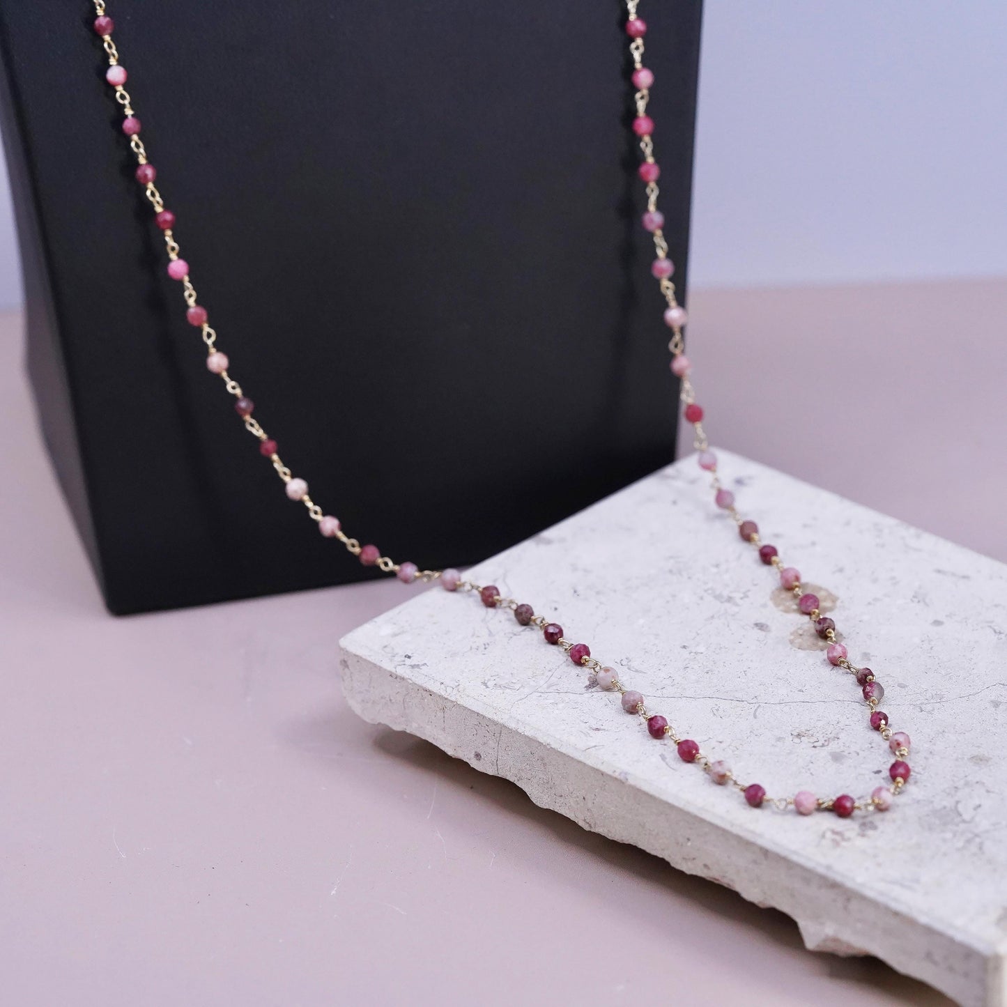 36", VTG vermeil gold Sterling silver extra long necklace, Indian ruby beads