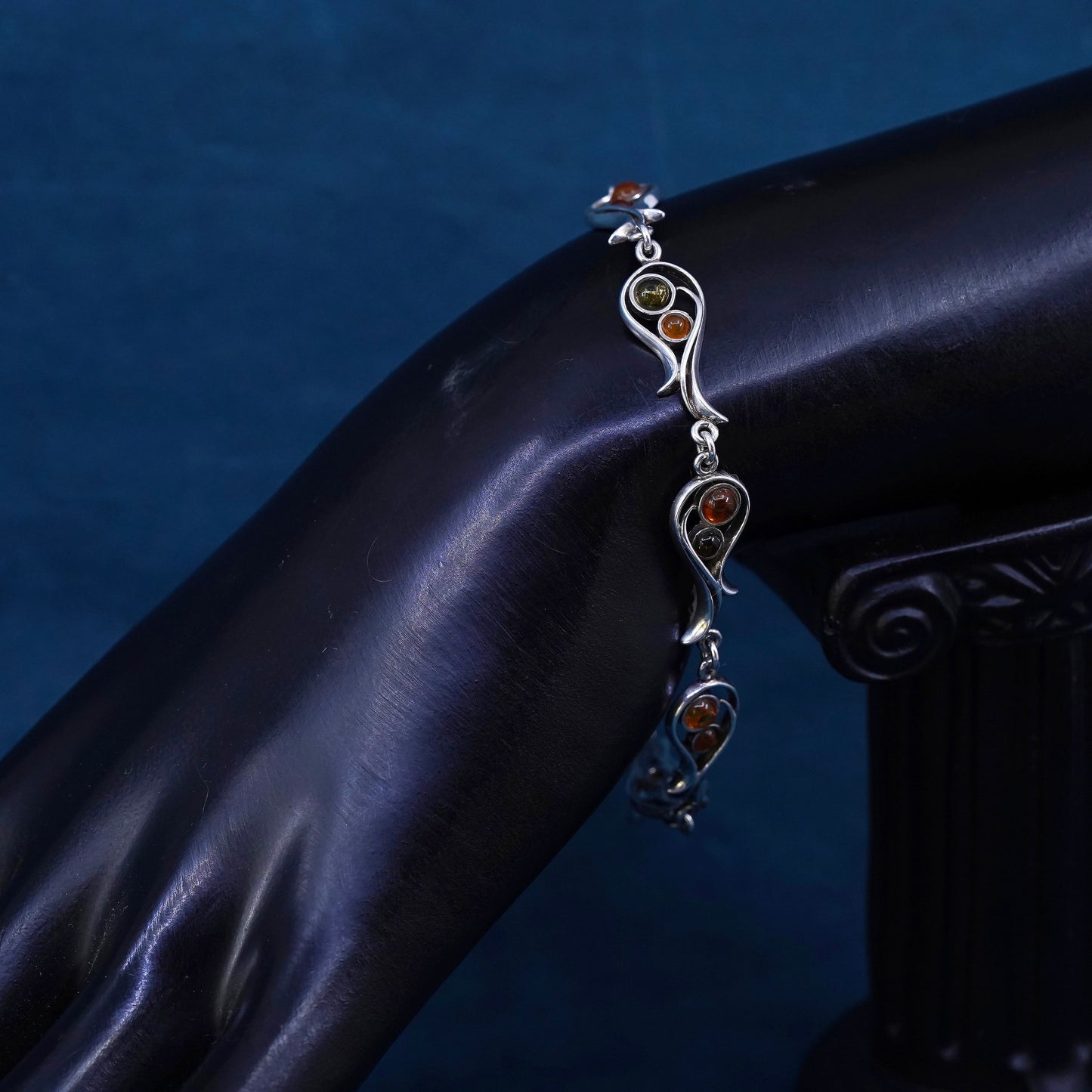 7”, vintage sterling 925 silver handmade bracelet with amber inlay