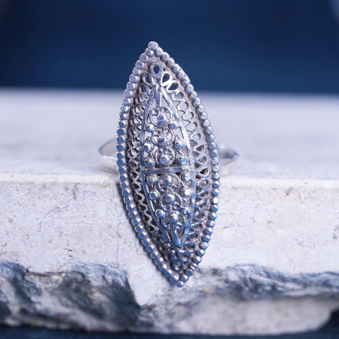 Size 6, vintage Sterling silver handmade ring, 950 statement filigree ring