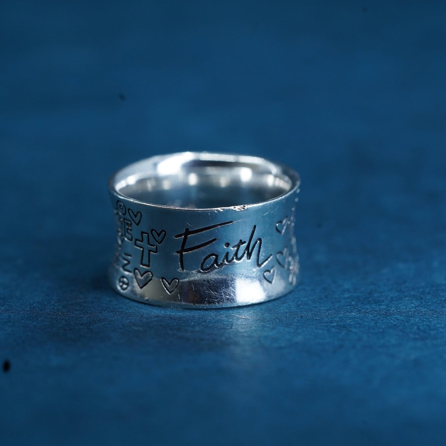 Size 7, Sterling silver prayer ring, 925 band "faith hope love truth believe"