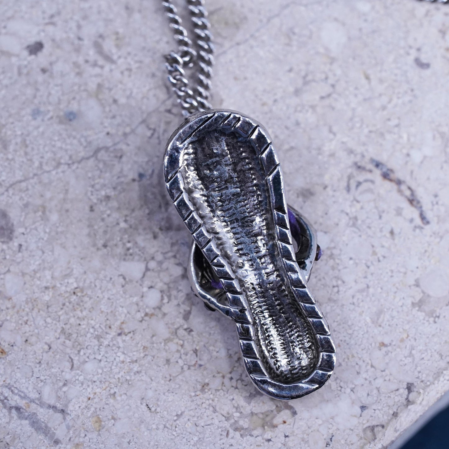 16”, VTG Sterling silver necklace, 925 curb chain purple enamel sandal pendant