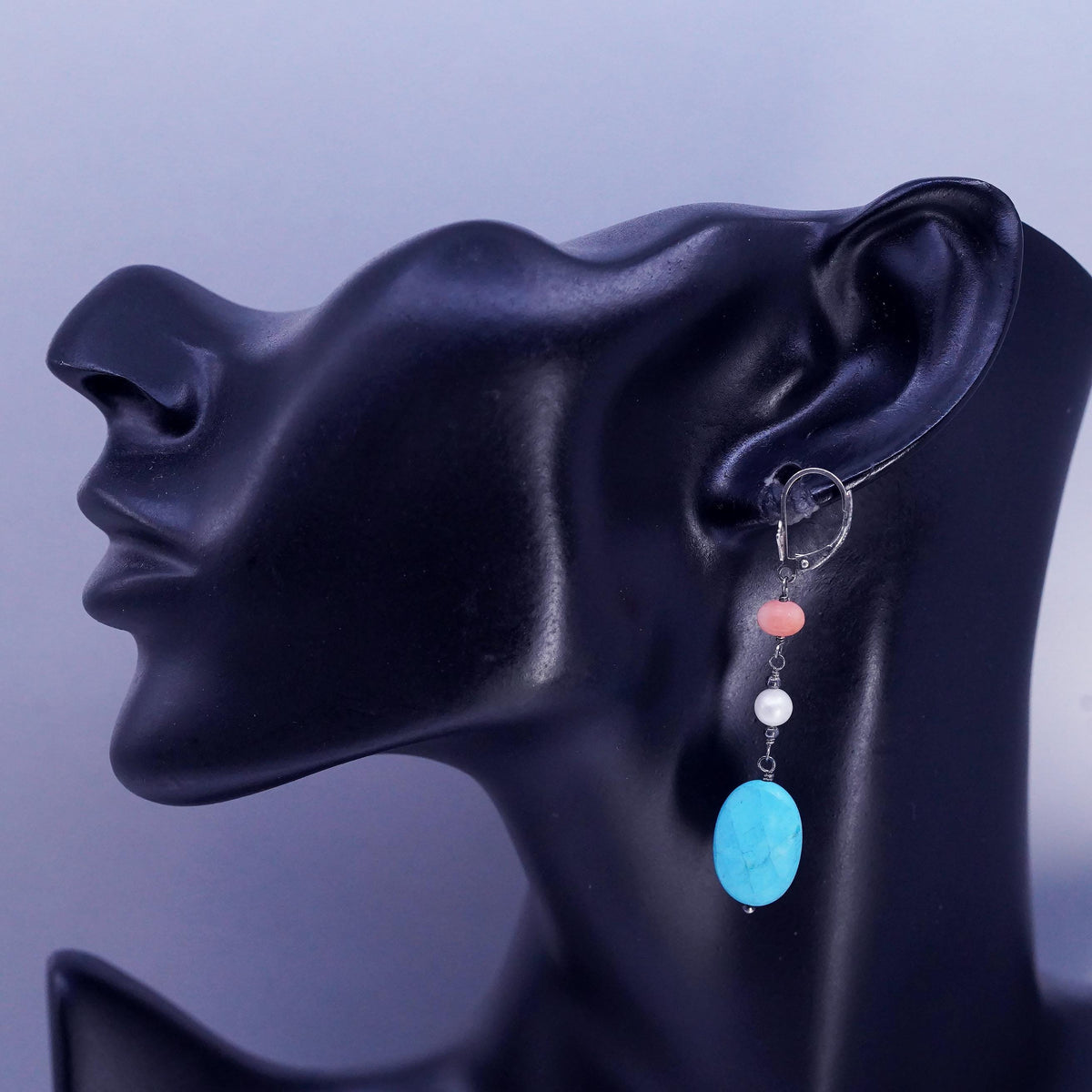 Vintage LUC Sterling 925 silver earrings with turquoise oval pearl beads