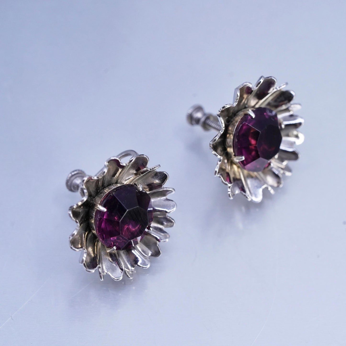 Vintage Sterling 925 silver handmade earrings, screw back flower with amethyst