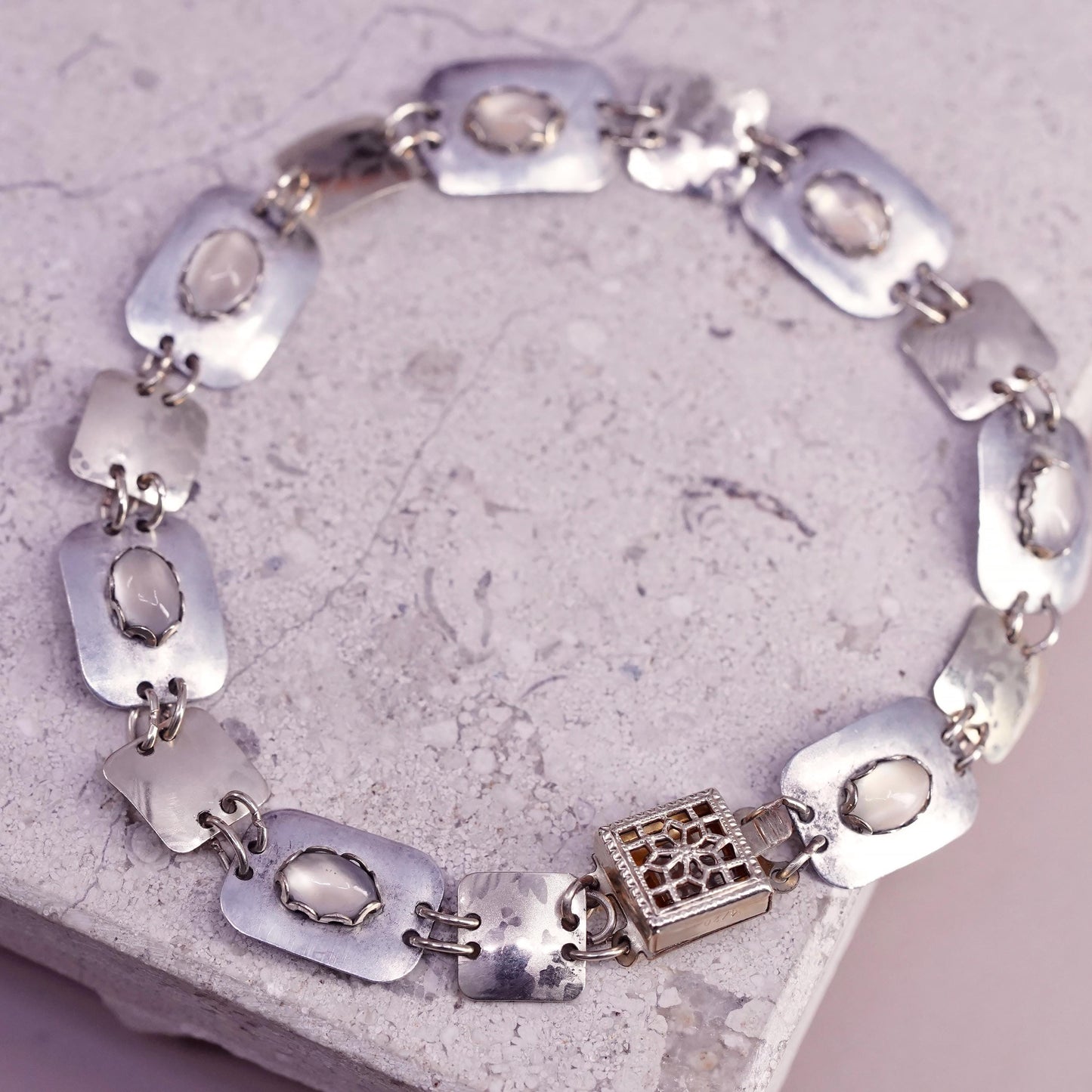 6.75", two tone sterling silver bracelet, with 14K gold filled discs cats eye