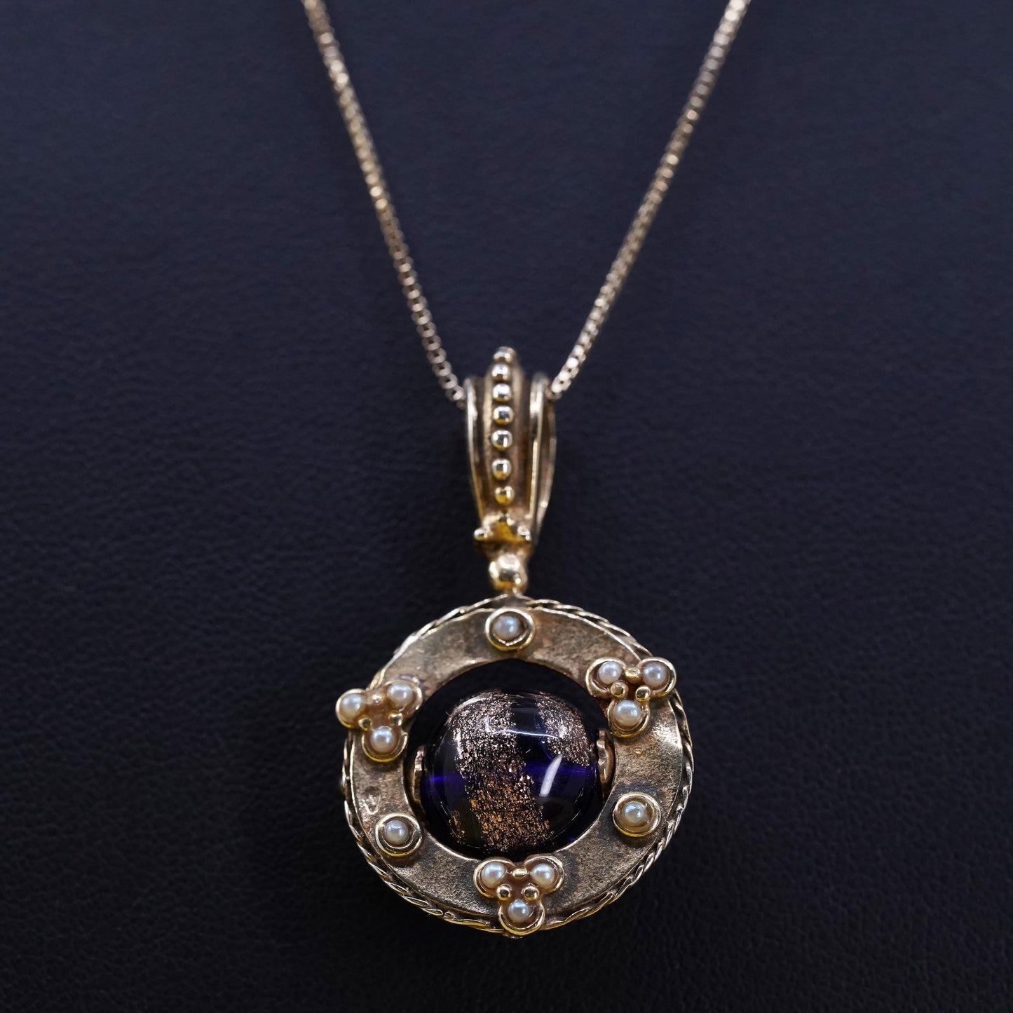 18”, vermeil gold Sterling silver necklace, 925 box chain foiled glass pearls
