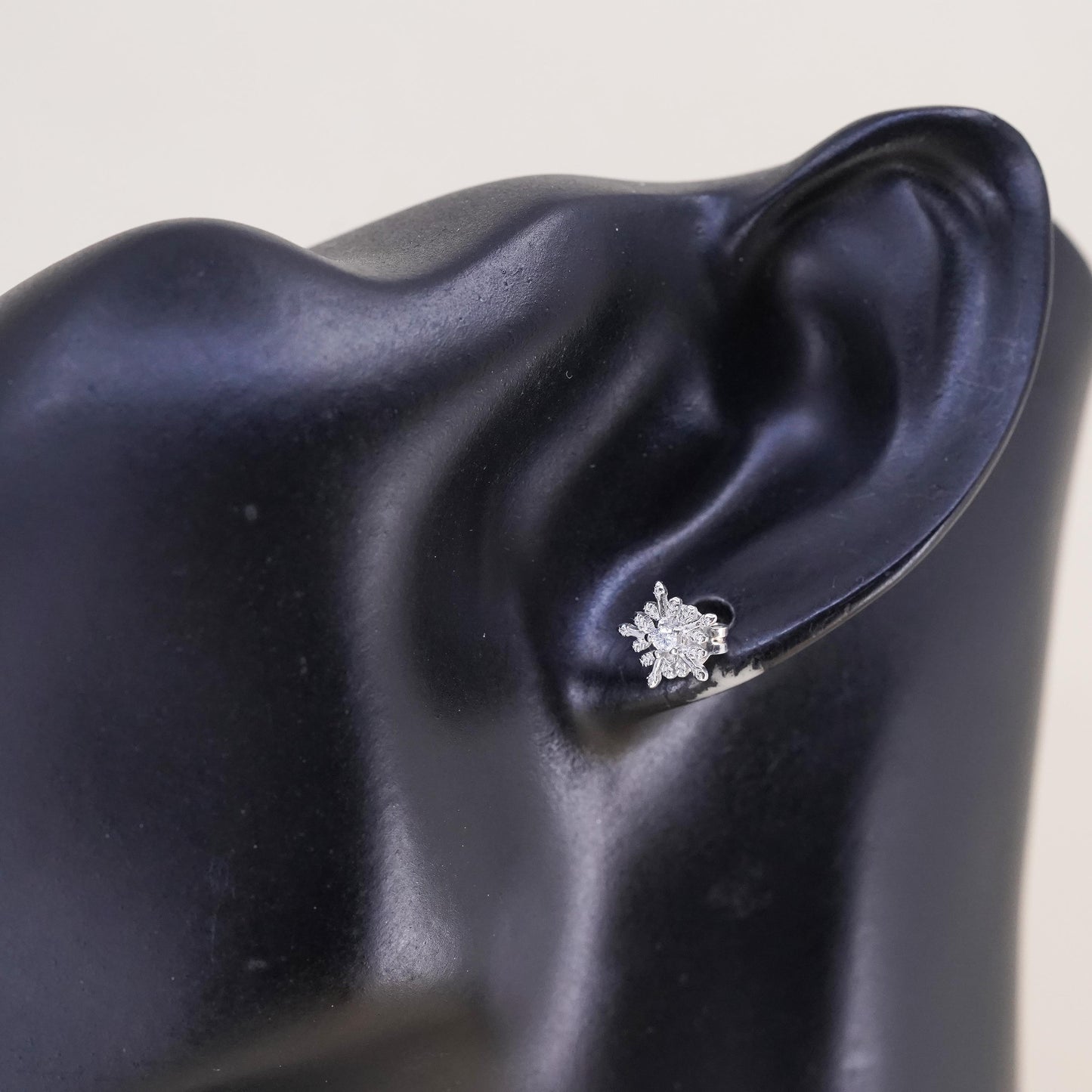 Vintage sterling silver clear crystal earrings, snowflake CZ studs