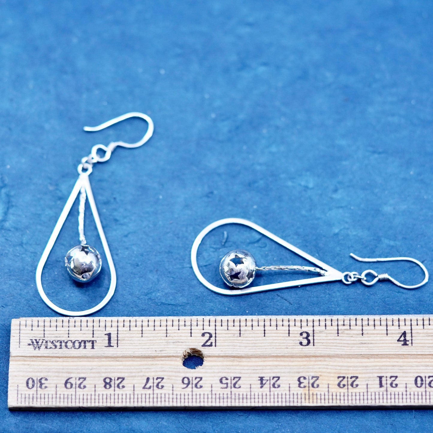 Vintage Sterling silver Handmade earrings, 925 teardrop dangled with star beads