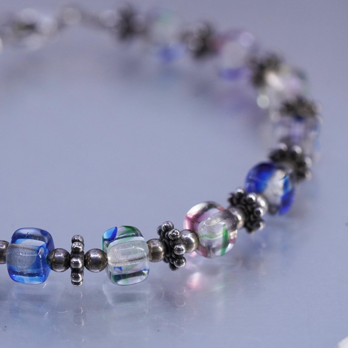 7", Vintae Sterling 925 Silver Handmade Bracelet, Crystal cube beads