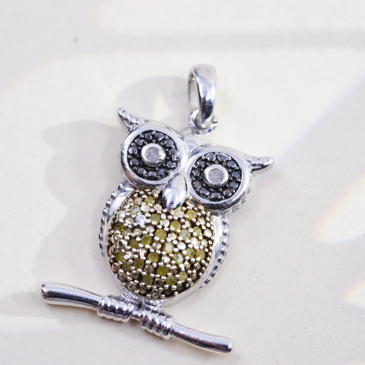 Vintage sterling 925 silver owl bird pendant and cluster yellow diamonds