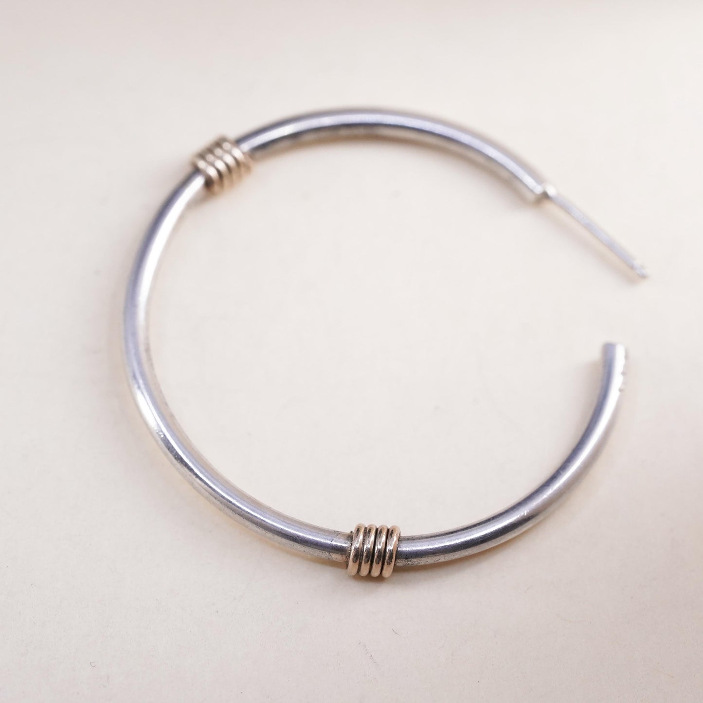 1.5", two tone sterling 925 silver loop single earring, fashion hoop brass wire