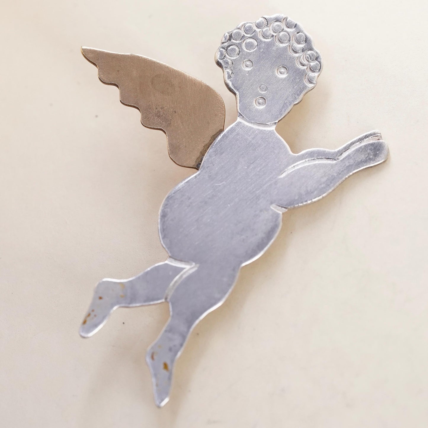 Vintage Sterling 925 Silver Signed DJI two tone angel brooch pin, brass wings