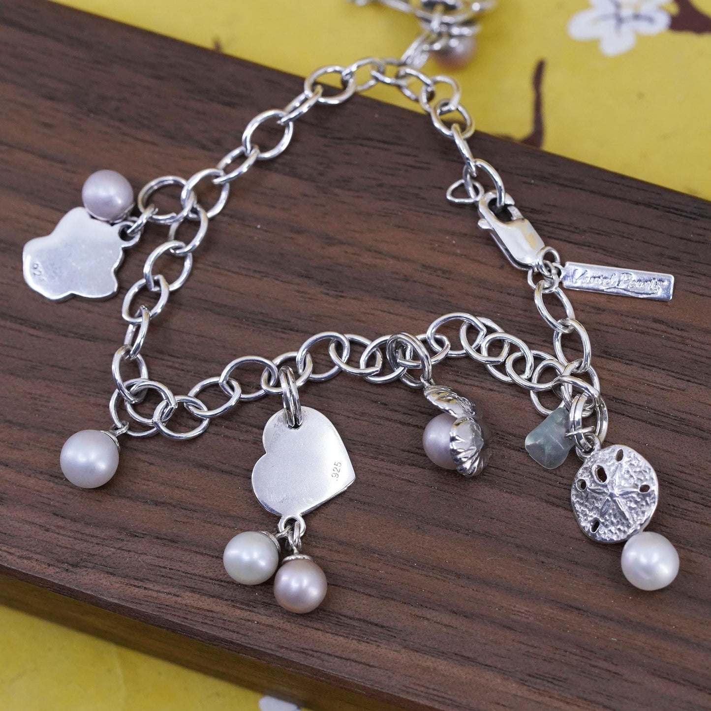 7.5” Sterling silver bracelet, 925 oval chain pearl heart lock key paw charms
