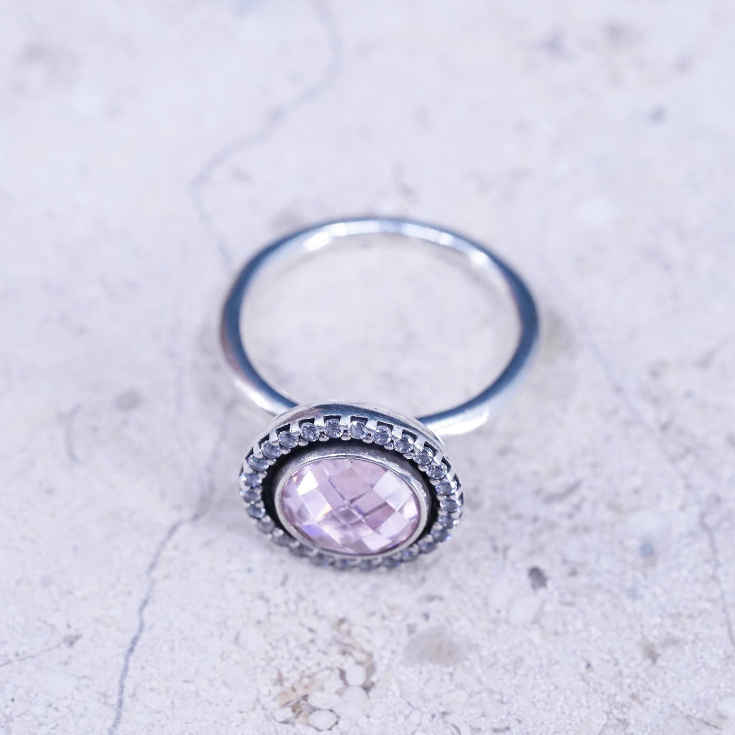 Size 6.25, vintage ALE sterling 925 silver engagement ring with rose pink cz
