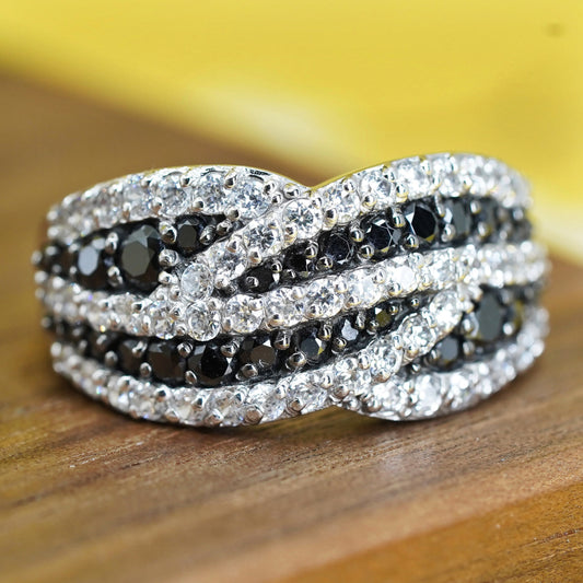 Size 8.75, vintage Sterling 925 silver engagement ring cluster black clear cz