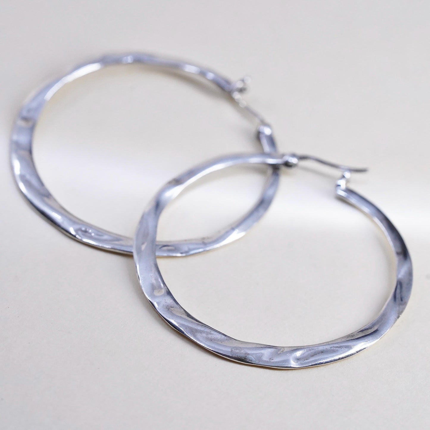 1.75", Vintage Huge 925 sterling silver loop earrings, flatten textured hoops