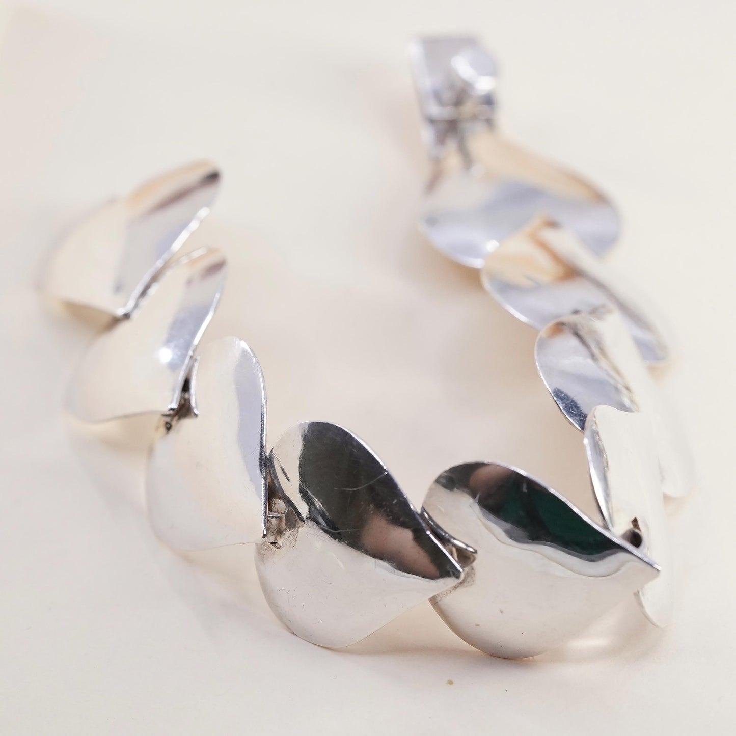 6.5", Vintage Mexican sterling 925 silver handmade heart disc charm bracelet
