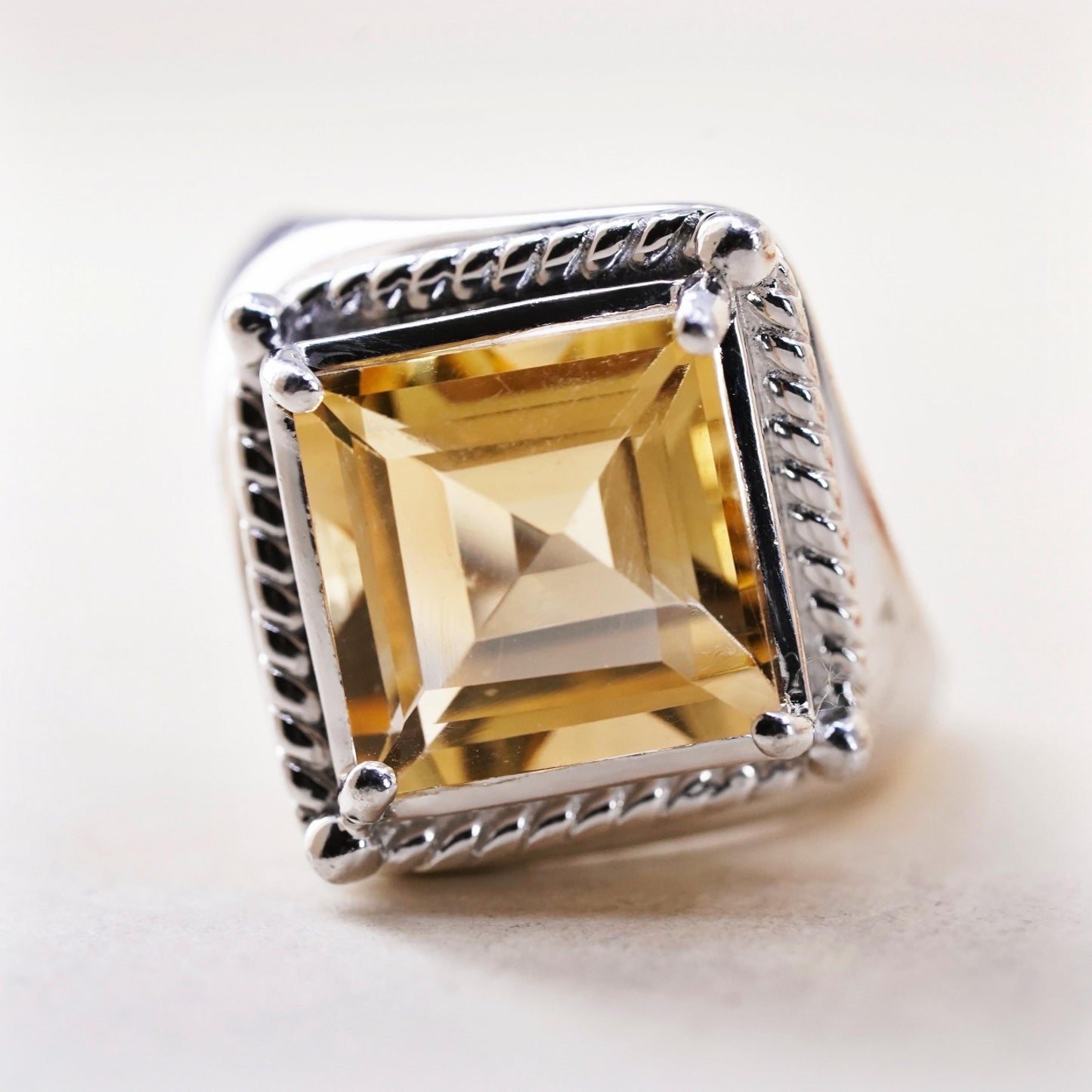 Size 7.25, vintage Sterling 925 silver handmade statement ring square citrine