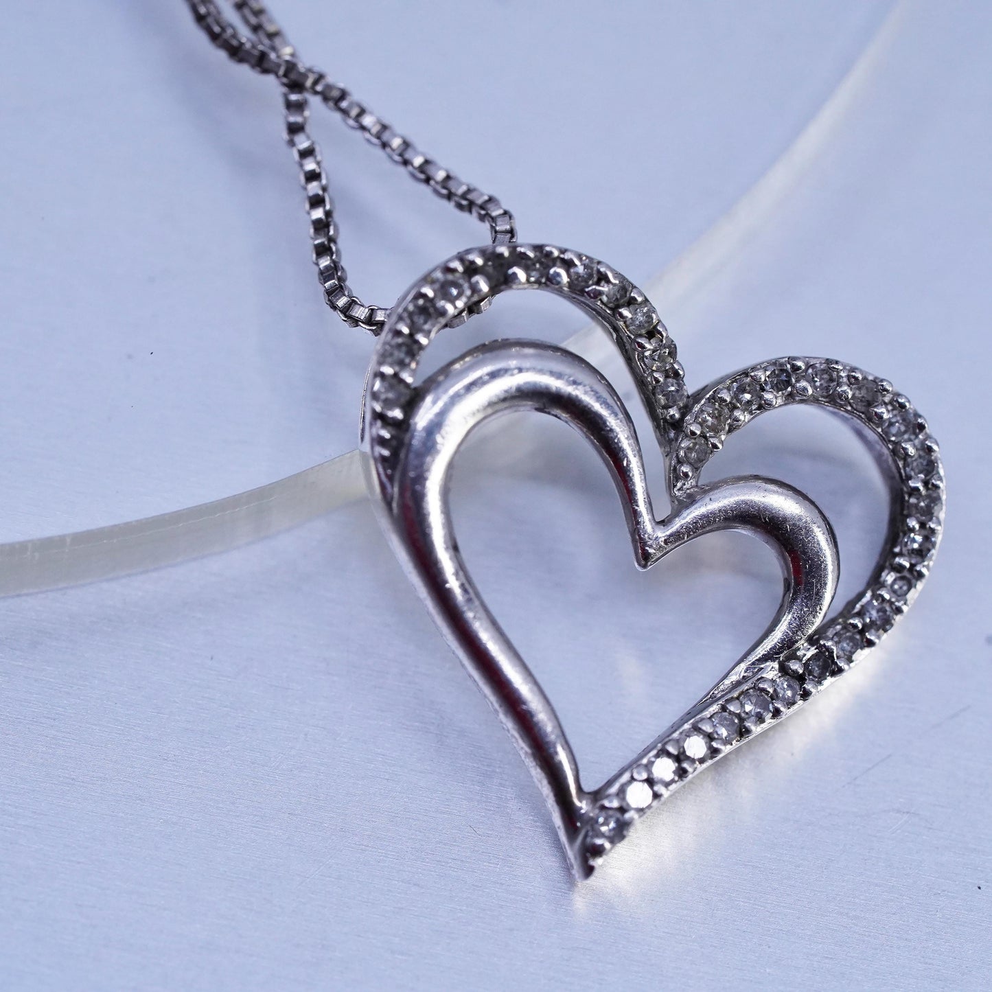 18", vintage Sterling 925 silver handmade box necklace diamond heart pendants