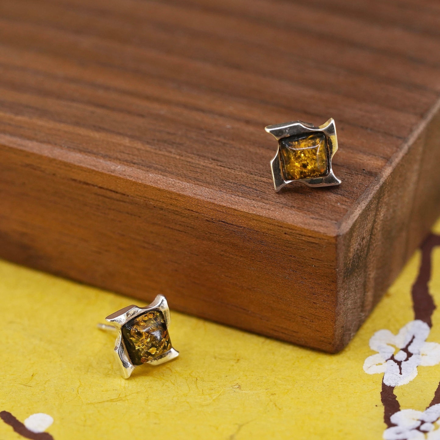 Vintage Sterling Silver Handmade earrings, square 925 studs with amber inlay