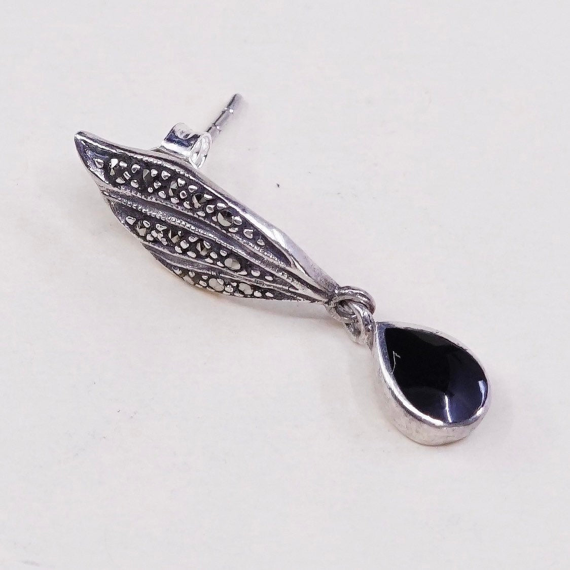vtg Sterling silver handmade earrings, 925 drops w/ obsidian n marcasite