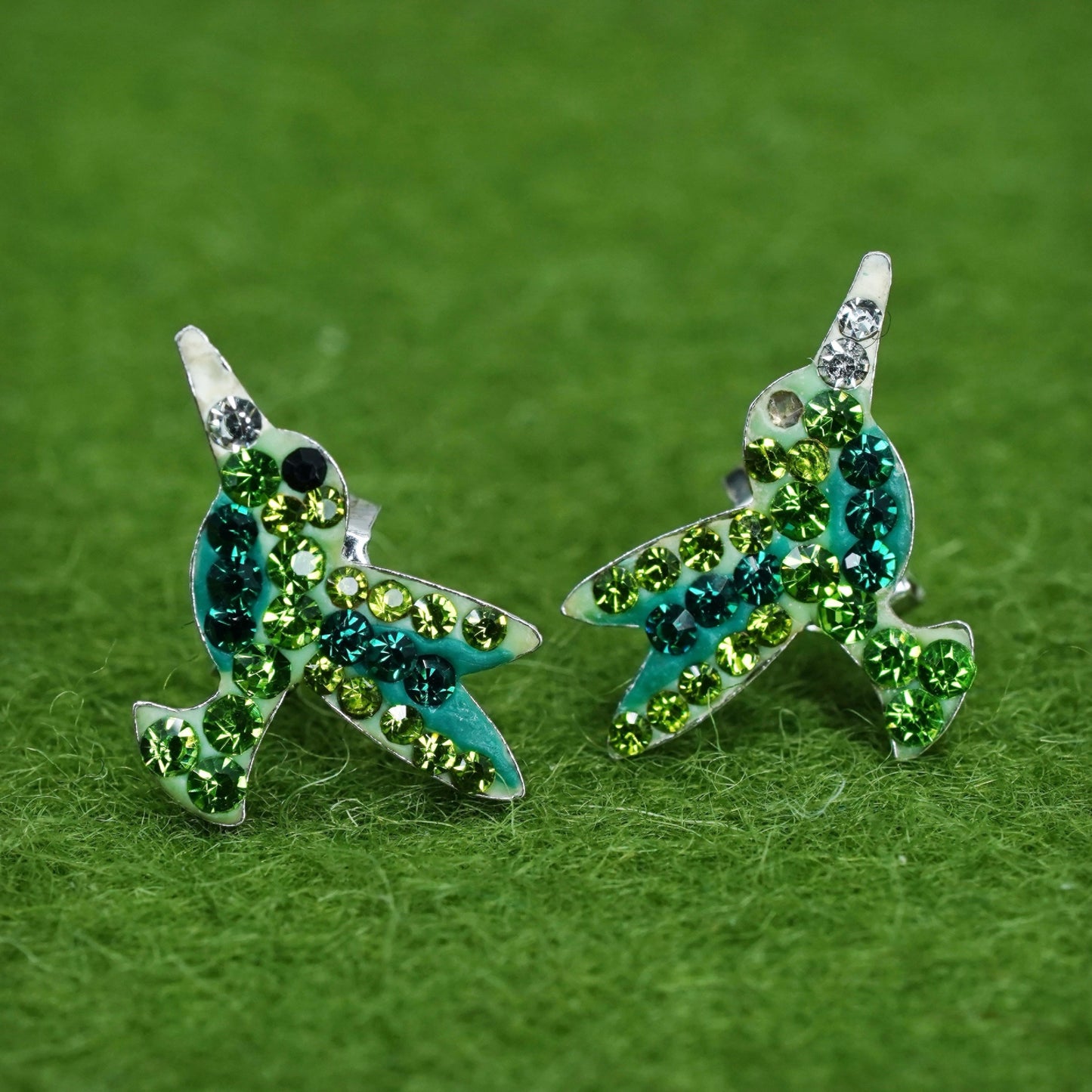 Vintage sterling silver hummingbird studs, 925 bird earrings with green crystal