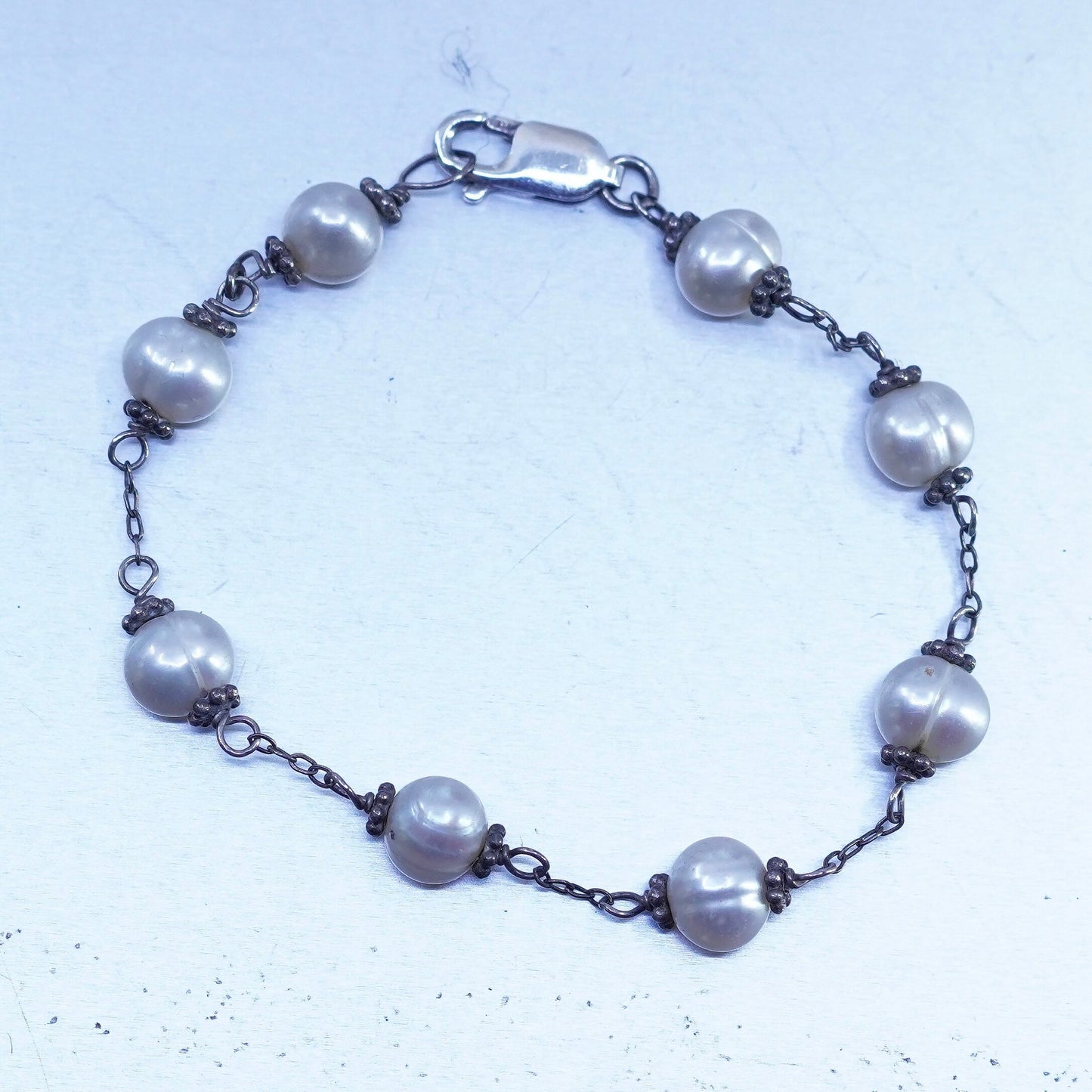6.5”, vintage Sterling 925 silver bracelet with freshwater pearl